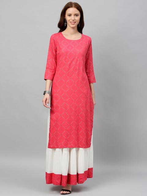 

kipek Women Pink & White Printed Kurta with Skirt