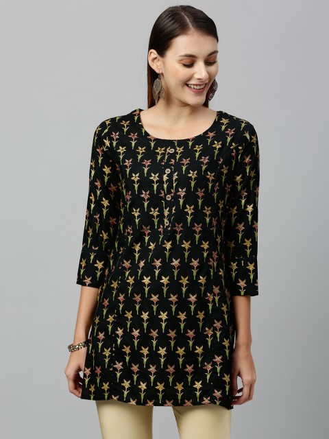 

kipek Women Black & Green Floral Printed Straight Kurti
