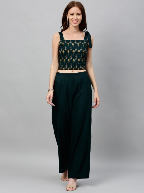 

kipek Women Green & Mustard Yellow Printed Top with Palazzos