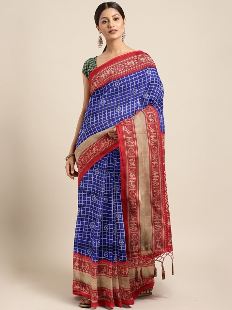 

KALINI Blue & Red Silk Blend Checked Khadi Saree