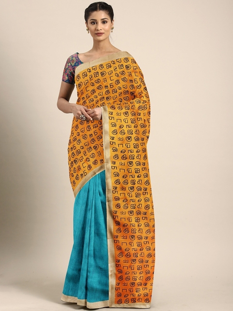 

KALINI Mustard Yellow & Blue Silk Blend Printed Khadi Saree
