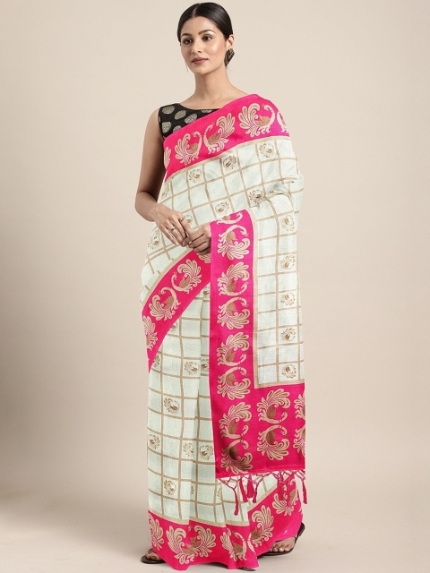 

KALINI Off-White & Pink Silk Blend Checked Mysore Silk Saree