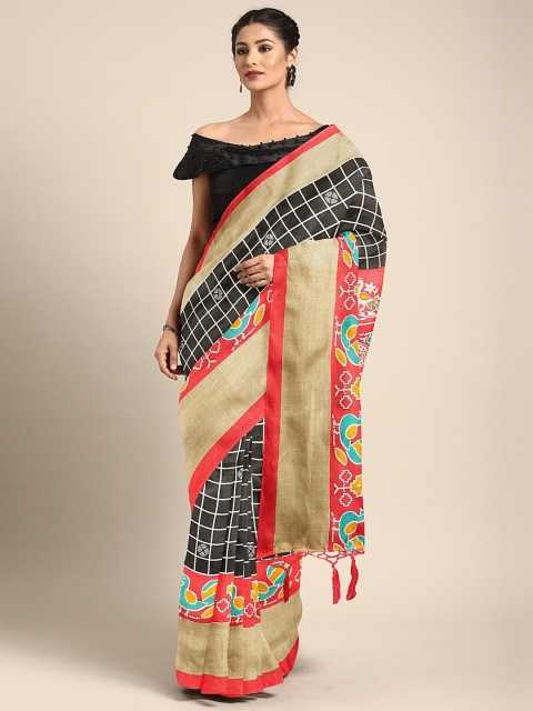 

KALINI Black & White Silk Blend Checked Khadi Saree