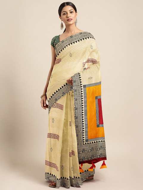 

KALINI Beige & Black Silk Blend Printed Khadi Saree