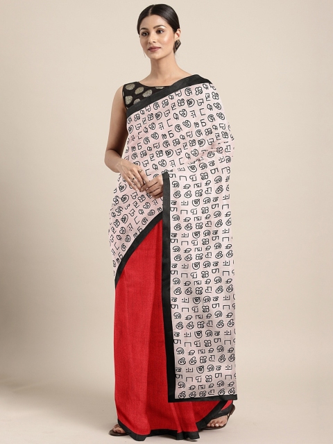 

KALINI White & Red Silk Blend Printed Khadi Saree