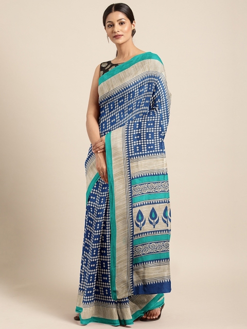

KALINI Navy Blue & Beige Silk Blend Printed Khadi Saree