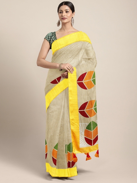 

KALINI Beige & Yellow Jute Silk Printed Saree