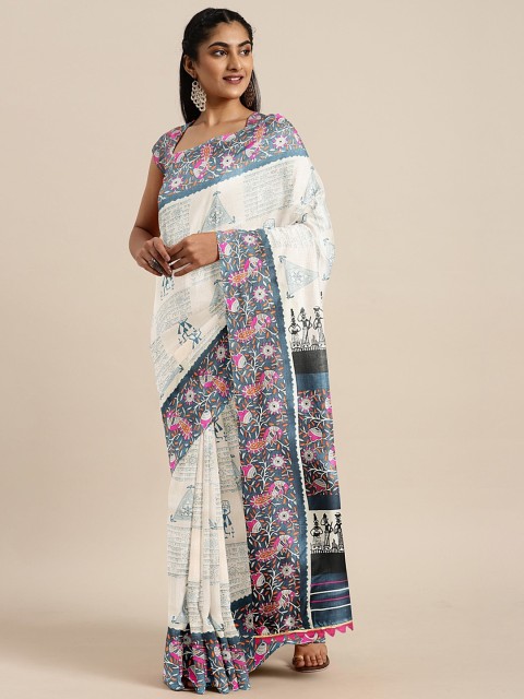 

KALINI Off-White & Grey Art Silk Printed Bhagalpuri Saree