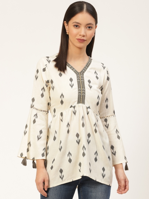 

Laabha Women Off-White & Charcoal Grey Printed A-Line Tunic