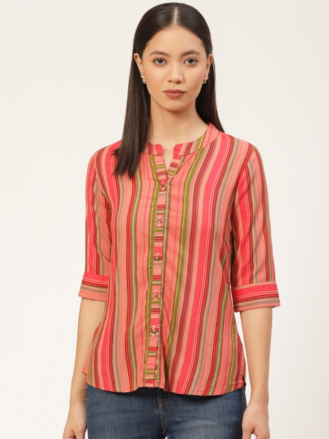 

Laabha Women Red & Green Mock Placket Striped Shirt Style Pure Cotton Top