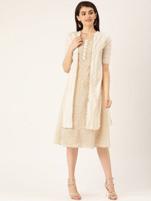 

Laabha Women Off-White & Golden Printed Layered A-Line Dress