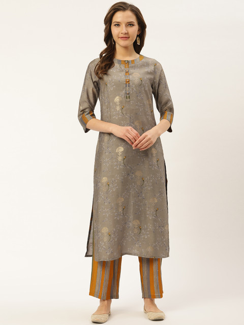 

Laabha Women Grey & Mustard Yellow Printed Kurta with Palazzos