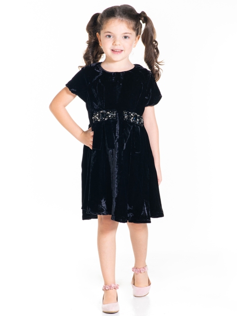 

Cherry Crumble Girls Black Velvet Solid A-Line Dress with Embellished Detail