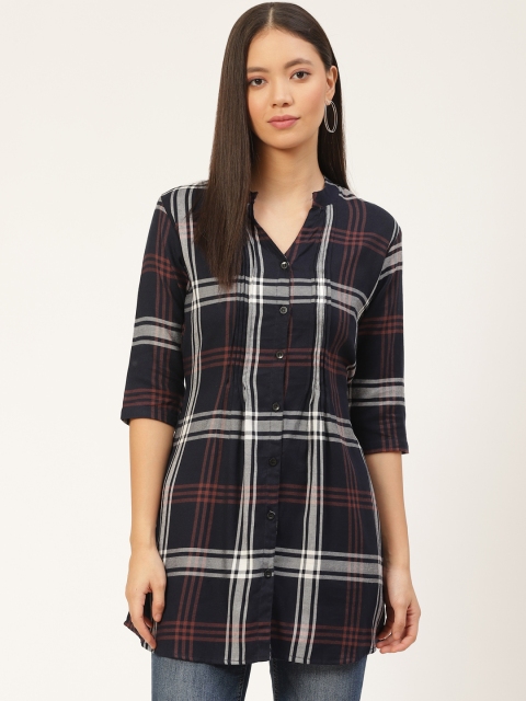 

One Femme Women Navy Blue & White Checked Shirt Style Tunic