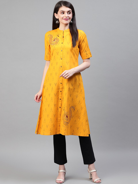 

Cayman Women Mustard Yellow & Brown Printed A-Line Kurta