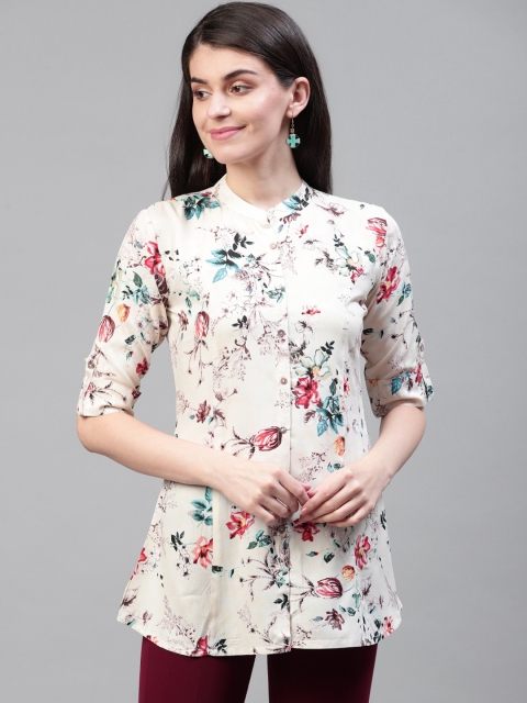 

Cayman Women Off-White & Blue Floral Print Shirt-Style Kurti