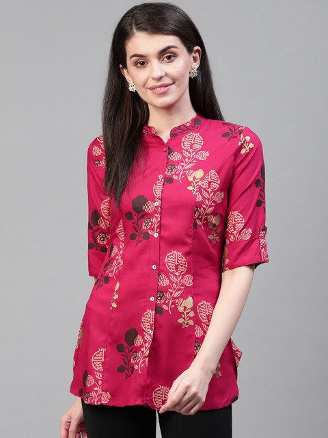 

Cayman Women Pink & Golden Printed Shirt-Style Kurti