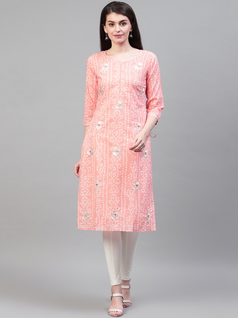 

Cayman Women Peach-Coloured & White Bandhani Printed Straight Kurta
