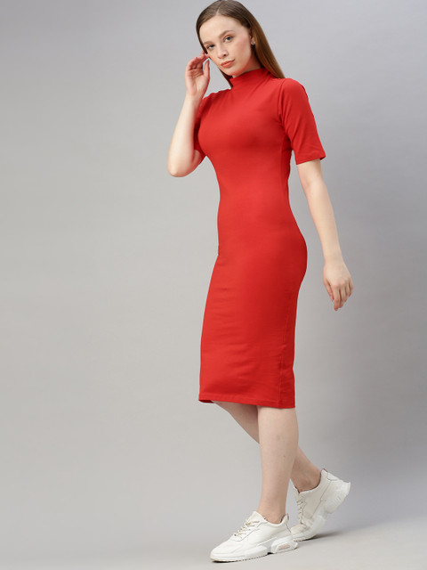 

HERE&NOW Women Red Solid High Neck Bodycon Dress