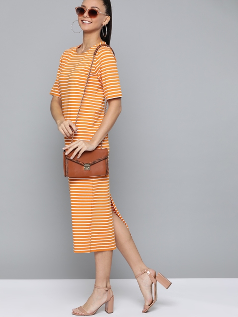 

HERE&NOW Women Orange & White Striped Midi T-shirt Dress