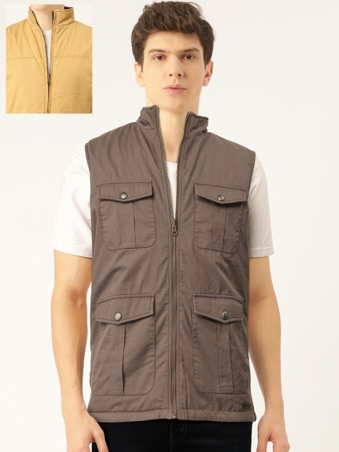 

John Players Men Brown & Mustard Yellow Solid Sleeveless Reversible Jacket