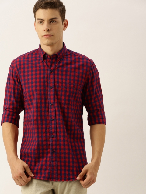 

John Players Men Red & Navy Blue Trim Fit Gingham Checked Casual Shirt