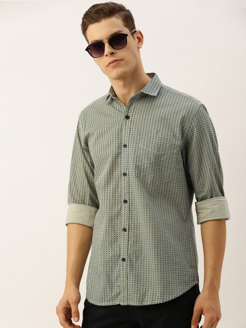 

John Players Men Green & Off-White Trim Slim Fit Geometric Printed Casual Shirt