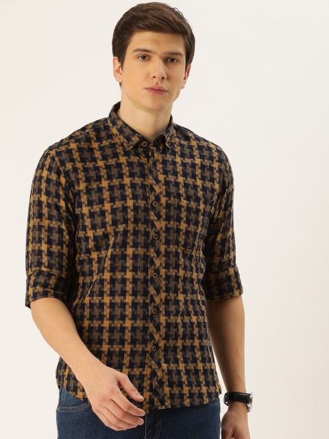 

John Players Men Brown & Mustard Trim Fit Checked Casual Shirt