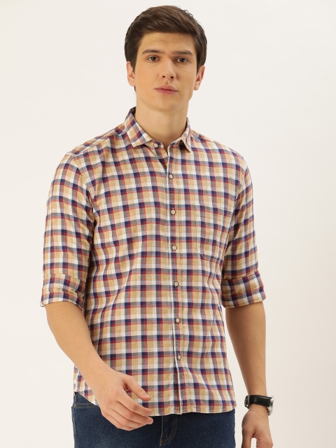 

John Players Men Rust Orange & Navy Blue Trim Fit Checked Casual Shirt