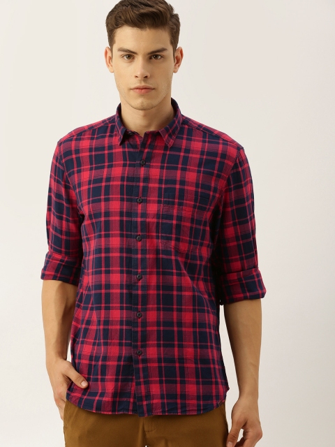 

John Players Men Red & Navy Blue Slim Fit Checked Casual Shirt