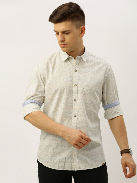 

John Players Men White & Navy Blue Trim Fit Printed Casual Shirt