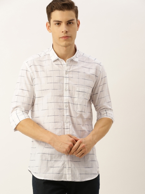 

John Players Men White & Navy Blue Trim Fit Checked Casual Shirt