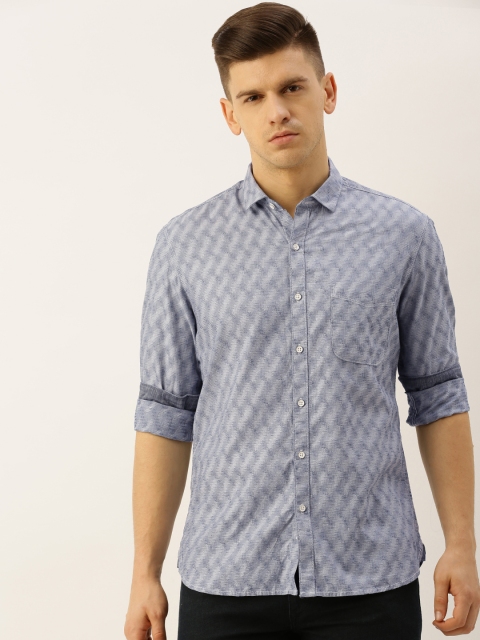 

John Players Men Blue Trim Slim Fit Self Design Casual Shirt