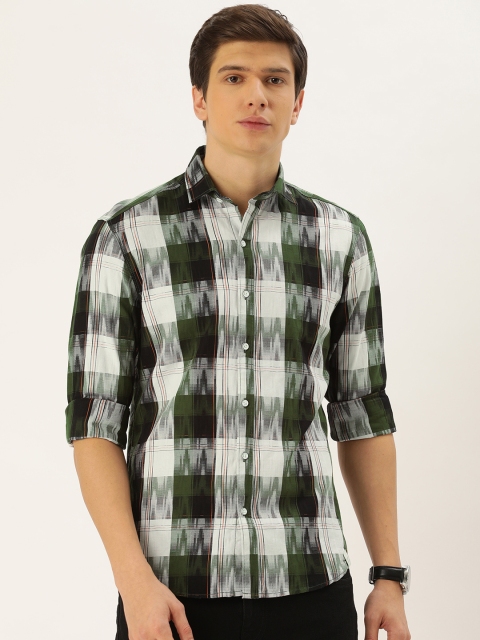 

John Players Men Off-White & Olive Green Slim Fit Ikat Checked Casual Shirt