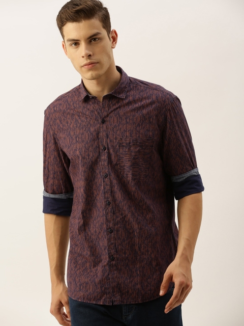 

John Players Men Navy Blue & Brown Trim Slim Fit Abstract Printed Casual Shirt