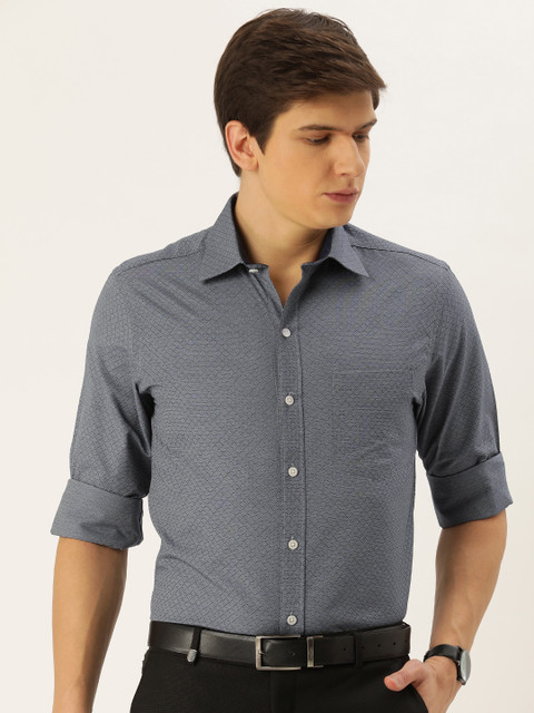 

John Players Men Grey & Blue Slim Fit Checked Formal Shirt, Navy blue