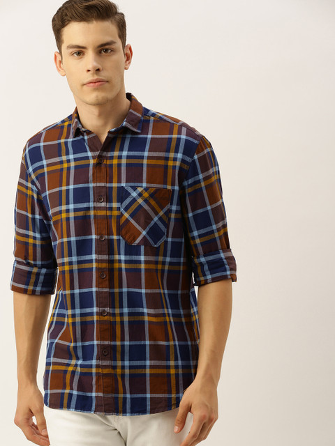 

John Players Men Navy Blue & Burgundy Trim Slim Fit Checked Casual Shirt