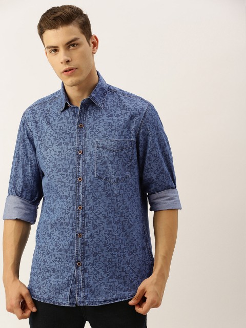 

John Players Men Blue Trim Slim Fit Abstract Printed Chambray Casual Shirt