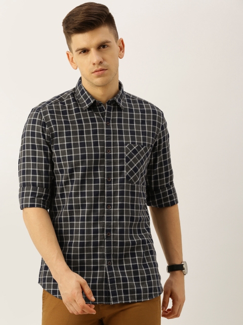 

John Players Men Navy Blue & Brown Slim Fit Checked Casual Shirt