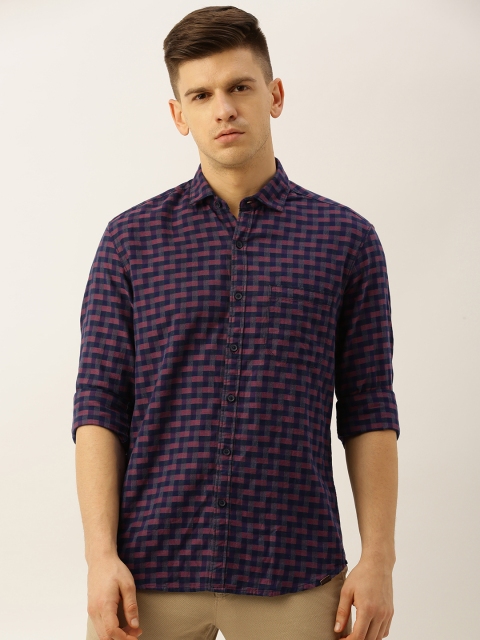 

John Players Men Navy Blue & Pink Trim Fit Checked Casual Shirt