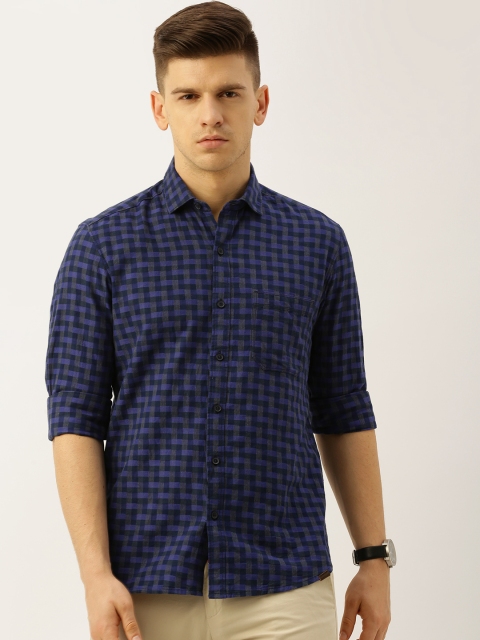 

John Players Men Navy Blue & Grey Trim Fit Checked Casual Shirt