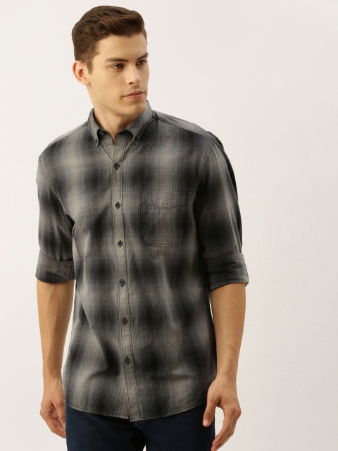 

John Players Men Grey & Black Trim Fit Checked Casual Cotton Shirt