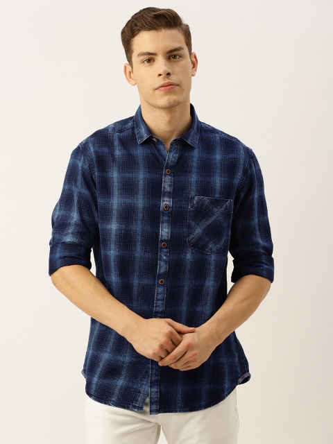 

John Players Men Navy Blue Trim Slim Fit Checked Casual Shirt