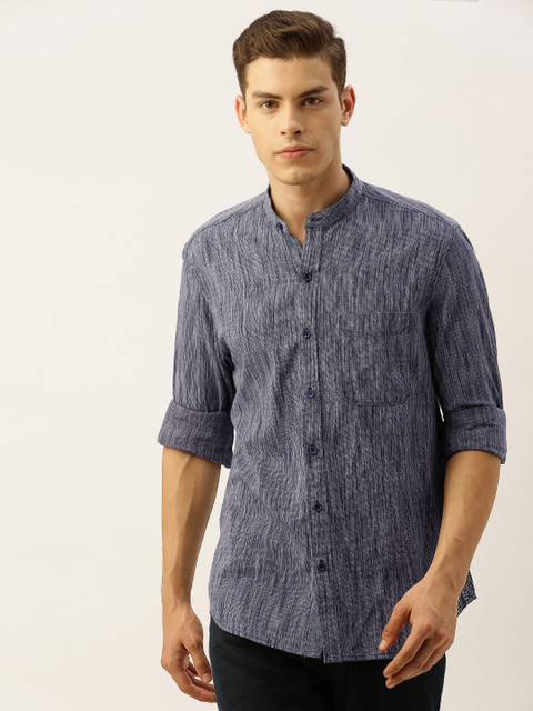 

John Players Men Navy Blue & White Trim Slim Fit Self Design Casual Shirt