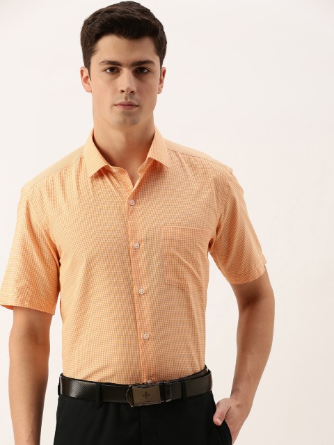

John Players Men Orange & White Regular Fit Checked Formal Shirt