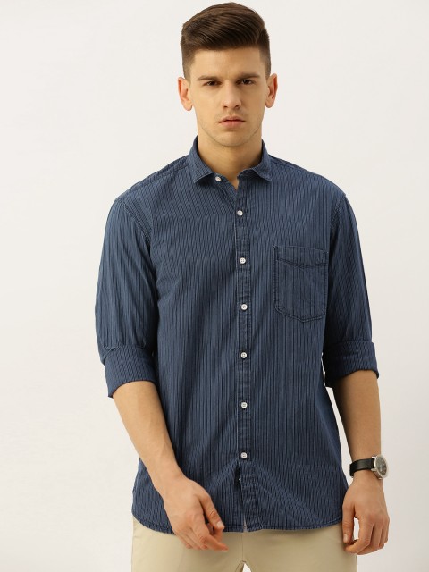 

John Players Men Navy Blue & White Trim Fit Striped Casual Cotton Shirt