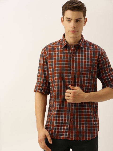 

John Players Men Brown & Grey Trim Fit Checked Casual Shirt