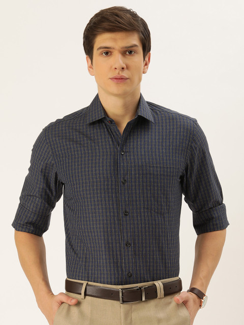 

John Players Men Navy Blue & White Slim Fit Checked Formal Shirt