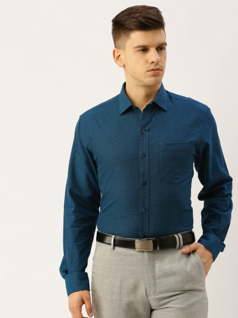 

John Players Men Teal Blue Slim Fit Self Design Formal Shirt