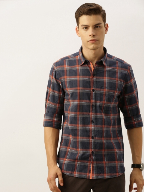 

John Players Men Navy Blue & Rust Red Trim Fit Checked Casual Shirt